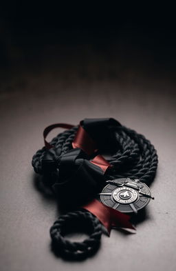 A dramatic tabletop scene featuring black ribbons intertwined with dark red ribbons, and a length of rope artfully laid out