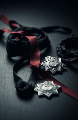A dramatic tabletop scene featuring black ribbons intertwined with dark red ribbons, and a length of rope artfully laid out