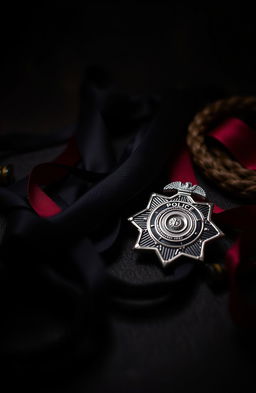 A dramatic tabletop scene featuring black ribbons intertwined with dark red ribbons, and a length of rope artfully laid out