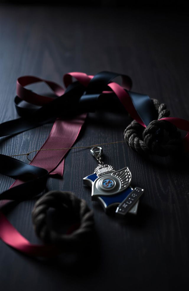 A dramatic tabletop scene featuring black ribbons intertwined with dark red ribbons, and a length of rope artfully laid out