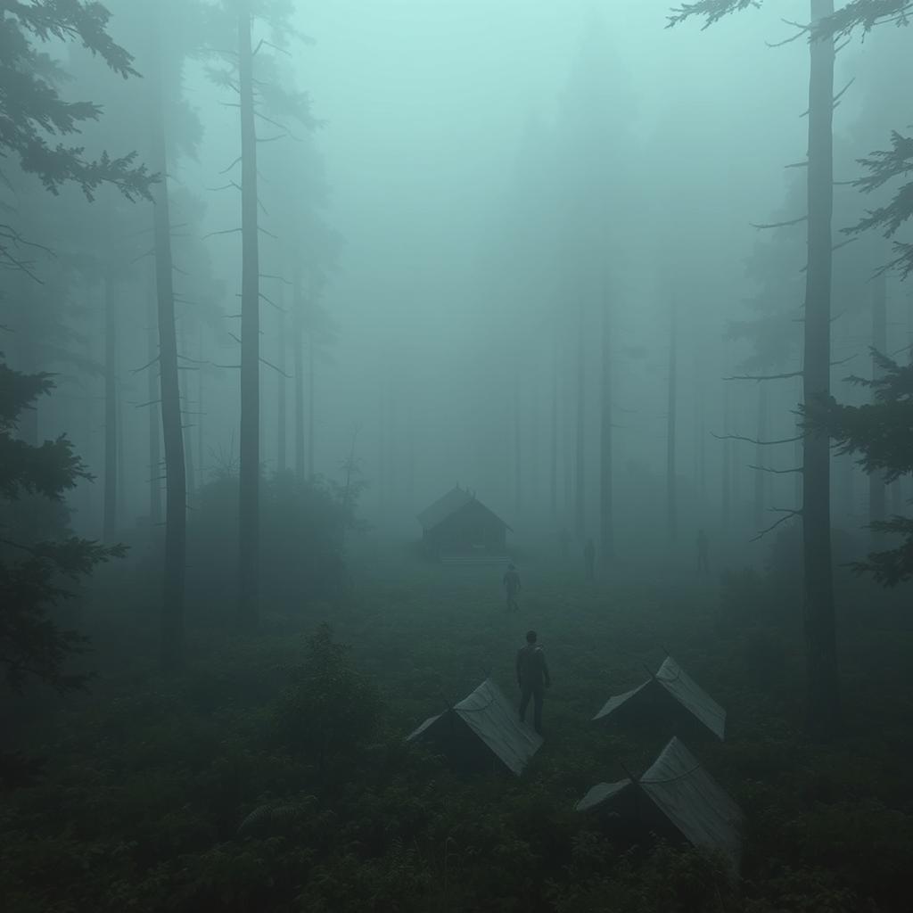 A dense, fog-covered forest with a mysterious atmosphere, featuring an old military outpost positioned at its center