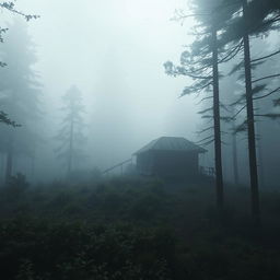 A dense, fog-covered forest with a mysterious atmosphere, featuring an old military outpost positioned at its center