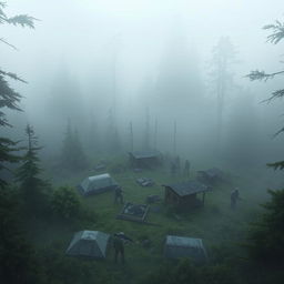 A dense, fog-covered forest with a mysterious atmosphere, featuring an old military outpost positioned at its center