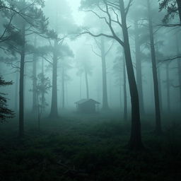 A dense, fog-covered forest with a mysterious atmosphere, featuring an old military outpost positioned at its center