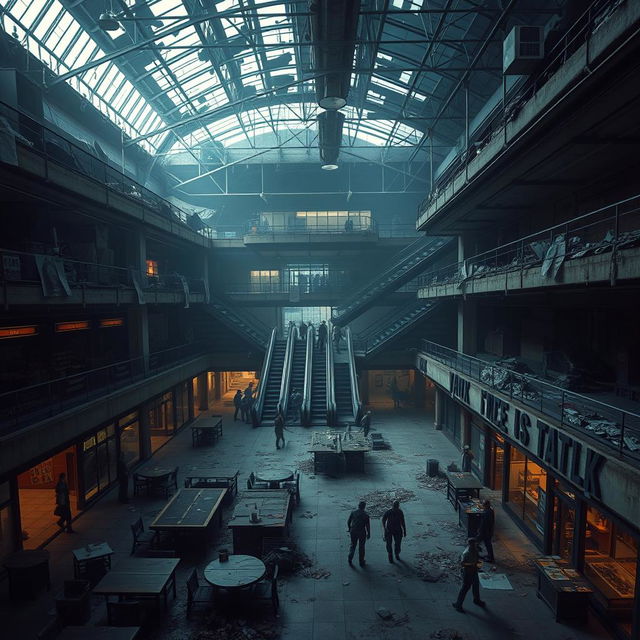 A vast, crumbling shopping center, showcasing a once-bustling hub filled with abandoned stores, a dilapidated food court with overturned tables, and broken escalators that lead to forgotten upper levels