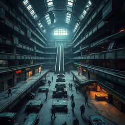 A vast, crumbling shopping center, showcasing a once-bustling hub filled with abandoned stores, a dilapidated food court with overturned tables, and broken escalators that lead to forgotten upper levels