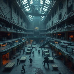 A vast, crumbling shopping center, showcasing a once-bustling hub filled with abandoned stores, a dilapidated food court with overturned tables, and broken escalators that lead to forgotten upper levels