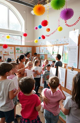 A vibrant art exhibition showcasing poetry and stories created by elementary school children