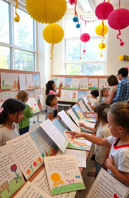 A vibrant art exhibition showcasing poetry and stories created by elementary school children