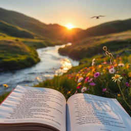 A serene, tranquil landscape at sunrise where a gentle river flows, surrounded by lush green hills and a colorful wildflower meadow