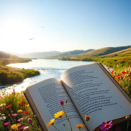 A serene, tranquil landscape at sunrise where a gentle river flows, surrounded by lush green hills and a colorful wildflower meadow