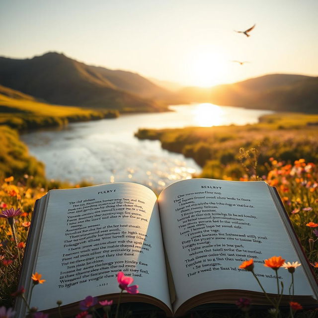 A serene, tranquil landscape at sunrise where a gentle river flows, surrounded by lush green hills and a colorful wildflower meadow