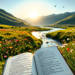 A serene, tranquil landscape at sunrise where a gentle river flows, surrounded by lush green hills and a colorful wildflower meadow