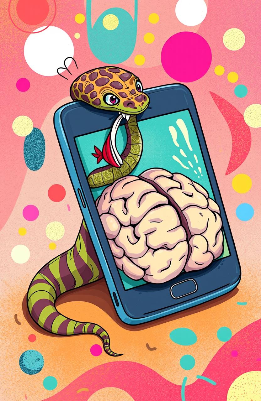 A whimsical and surreal illustration of a cellphone designed in the shape of a snake