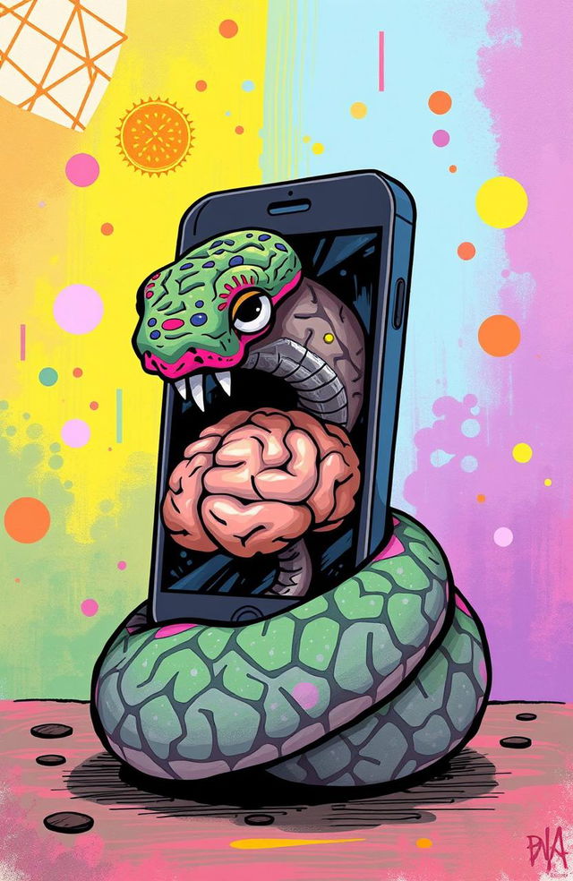 A whimsical and surreal illustration of a cellphone designed in the shape of a snake