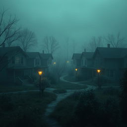 An eerie neighborhood enveloped in a haunting stillness, featuring overgrown yards and a collection of abandoned homes that exude a sense of desolation