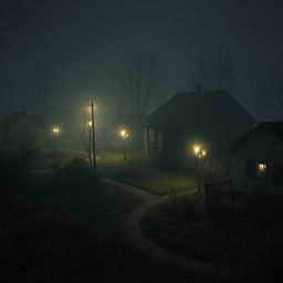 An eerie neighborhood enveloped in a haunting stillness, featuring overgrown yards and a collection of abandoned homes that exude a sense of desolation