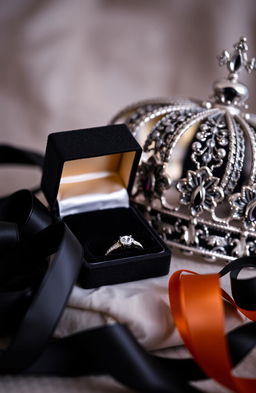 A beautifully arranged display featuring a luxurious black box slightly opened to reveal a stunning diamond ring inside