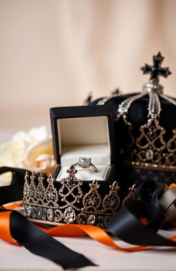 A beautifully arranged display featuring a luxurious black box slightly opened to reveal a stunning diamond ring inside