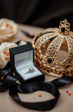 A beautifully arranged display featuring a luxurious black box slightly opened to reveal a stunning diamond ring inside