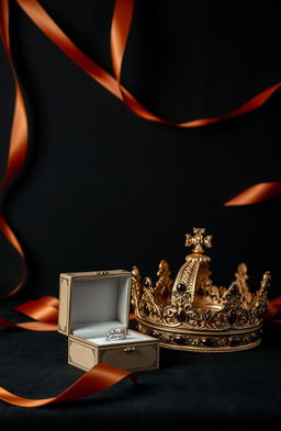 A luxurious scene featuring a black wall as the background, adorned with subtle hints of dark orange ribbons that elegantly drape across the surface