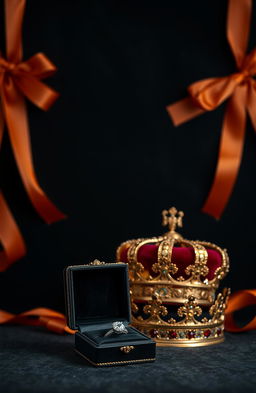 A luxurious scene featuring a black wall as the background, adorned with subtle hints of dark orange ribbons that elegantly drape across the surface