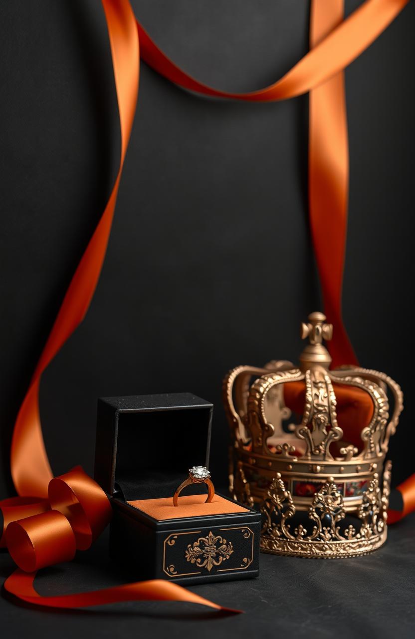 A luxurious scene featuring a black wall as the background, adorned with subtle hints of dark orange ribbons that elegantly drape across the surface