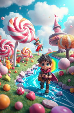 A whimsical scene featuring a vibrant fantasy candy landscape, where giant lollipops, gummy bears, and cotton candy clouds create a magical atmosphere