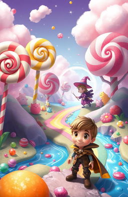 A whimsical scene featuring a vibrant fantasy candy landscape, where giant lollipops, gummy bears, and cotton candy clouds create a magical atmosphere