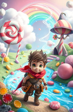 A whimsical scene featuring a vibrant fantasy candy landscape, where giant lollipops, gummy bears, and cotton candy clouds create a magical atmosphere