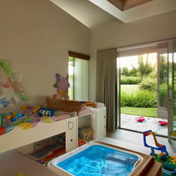 A spacious, well-lit bedroom featuring an enticing kids' play area equipped with a small swimming pool intended for two children, filled with safe, colorful water toys.