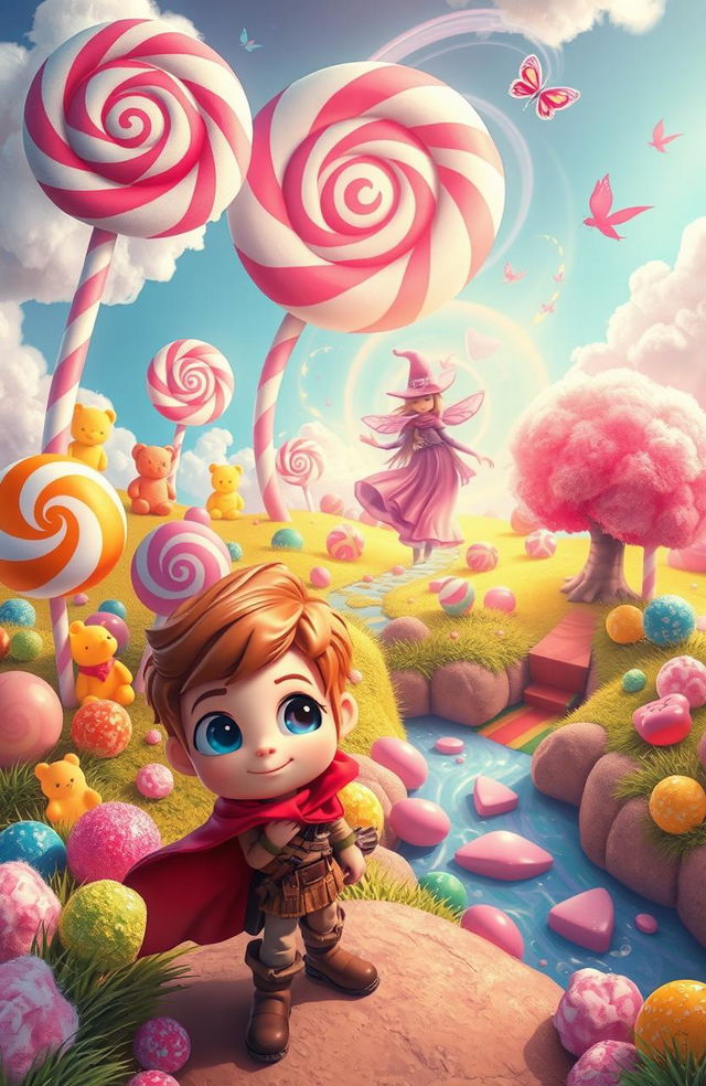 A whimsical scene featuring a vibrant fantasy candy landscape, where giant lollipops, gummy bears, and cotton candy clouds create a magical atmosphere