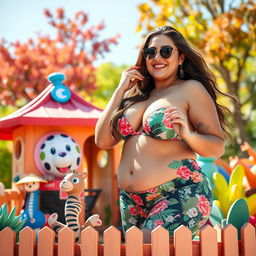 A voluptuous, confident woman with big breasts, playfully engaging with a whimsical large cartoonish toy zoo that has vibrant colors and playful animals