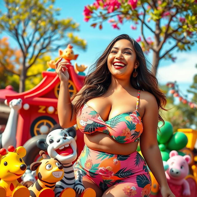 A voluptuous, confident woman with big breasts, playfully engaging with a whimsical large cartoonish toy zoo that has vibrant colors and playful animals