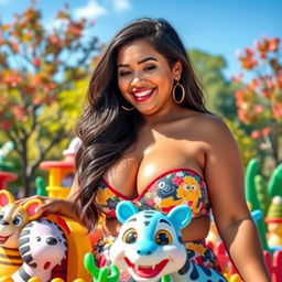 A voluptuous, confident woman with big breasts, playfully engaging with a whimsical large cartoonish toy zoo that has vibrant colors and playful animals