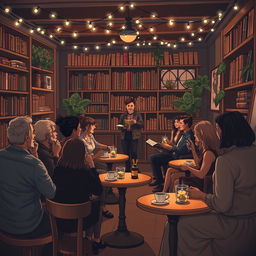 A serene and inspirational scene depicting a poetry reading in a cozy, dimly-lit café