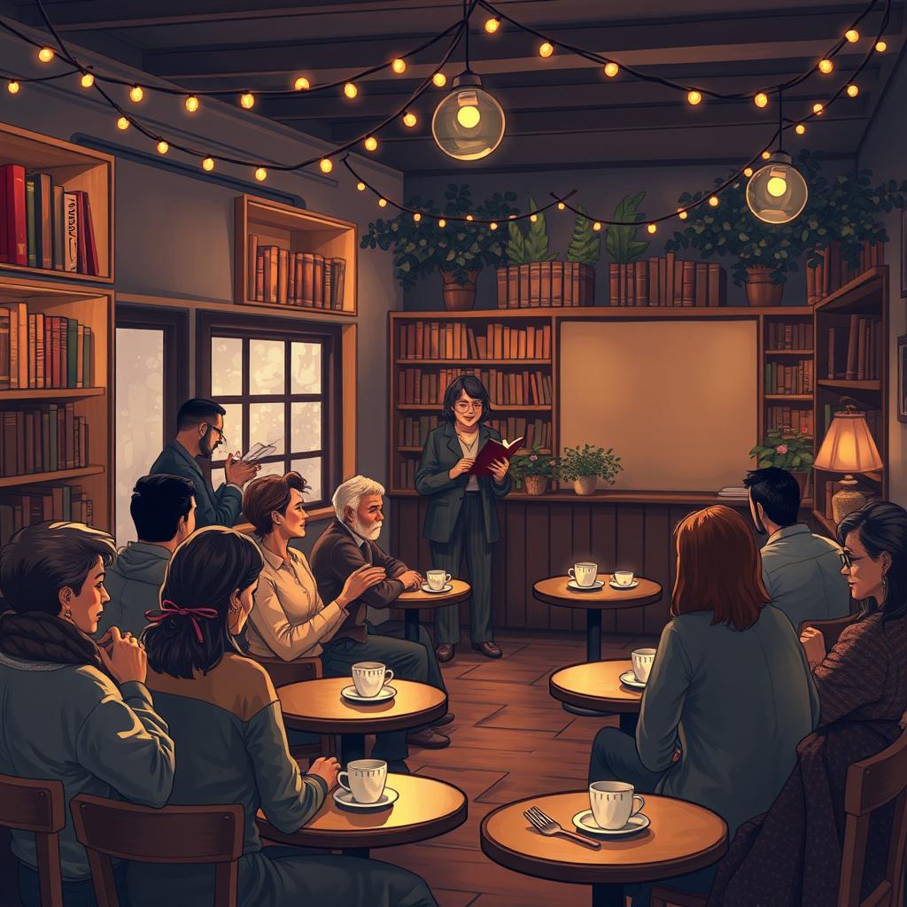 A serene and inspirational scene depicting a poetry reading in a cozy, dimly-lit café