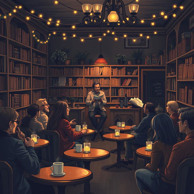 A serene and inspirational scene depicting a poetry reading in a cozy, dimly-lit café