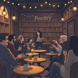 A serene and inspirational scene depicting a poetry reading in a cozy, dimly-lit café