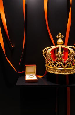 A stunning display on a sleek black wall featuring subtle hints of dark orange ribbons elegantly cascading down