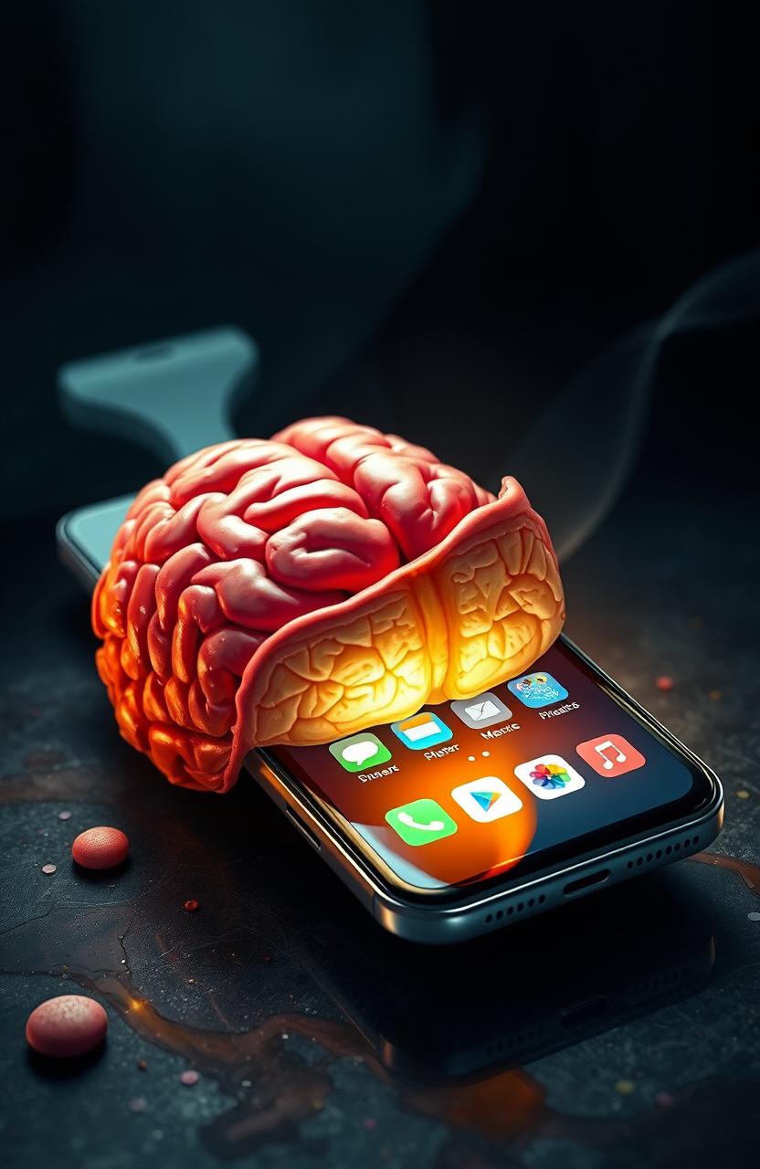 A surreal and bizarre scene depicting a modern smartphone with a highly detailed, glossy finish, engaging in the act of consuming a human brain