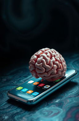 A surreal and bizarre scene depicting a modern smartphone with a highly detailed, glossy finish, engaging in the act of consuming a human brain