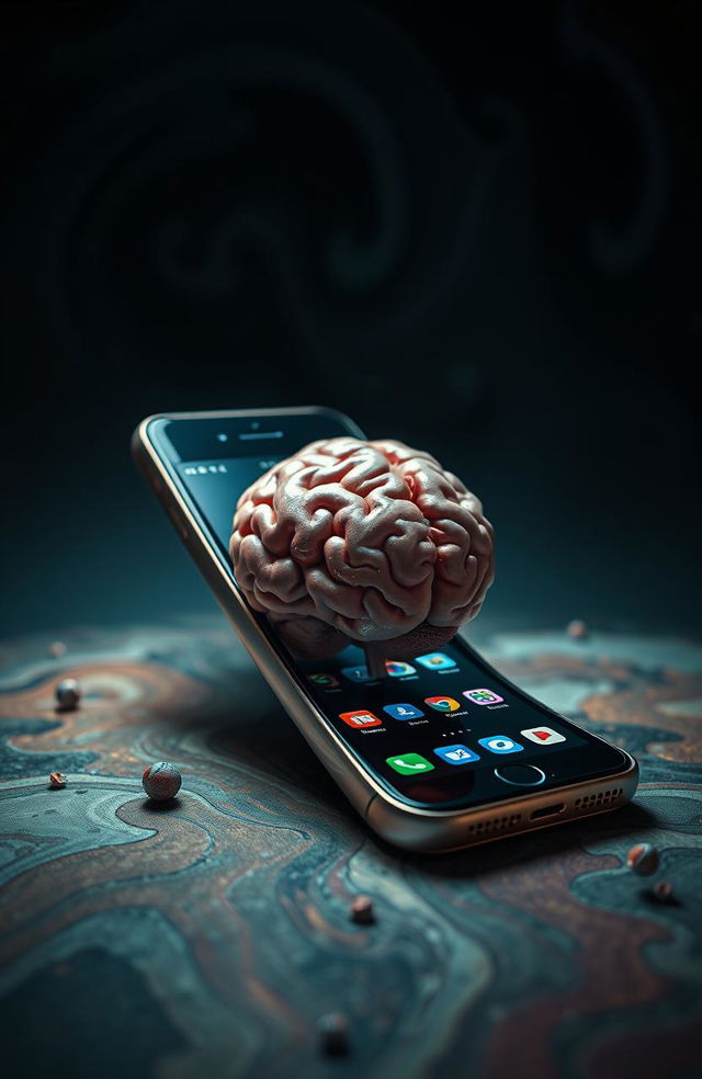 A surreal and bizarre scene depicting a modern smartphone with a highly detailed, glossy finish, engaging in the act of consuming a human brain