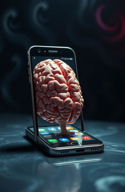 A surreal and bizarre scene depicting a modern smartphone with a highly detailed, glossy finish, engaging in the act of consuming a human brain