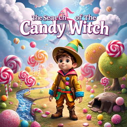 A captivating scene from 'The Search of the Candy Witch', featuring a mystical candy wonderland brimming with oversized lollipops, colorful gummy bears, and fluffy cotton candy clouds