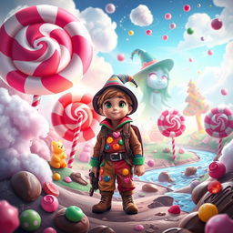 A captivating scene from 'The Search of the Candy Witch', featuring a mystical candy wonderland brimming with oversized lollipops, colorful gummy bears, and fluffy cotton candy clouds