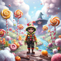 A captivating scene from 'The Search of the Candy Witch', featuring a mystical candy wonderland brimming with oversized lollipops, colorful gummy bears, and fluffy cotton candy clouds