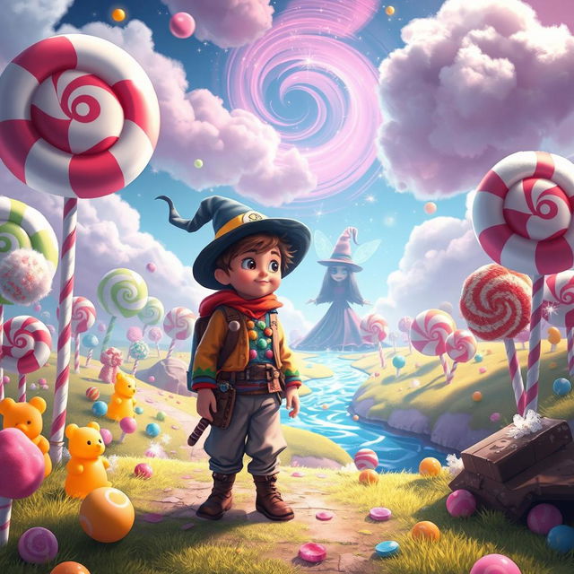 A captivating scene from 'The Search of the Candy Witch', featuring a mystical candy wonderland brimming with oversized lollipops, colorful gummy bears, and fluffy cotton candy clouds