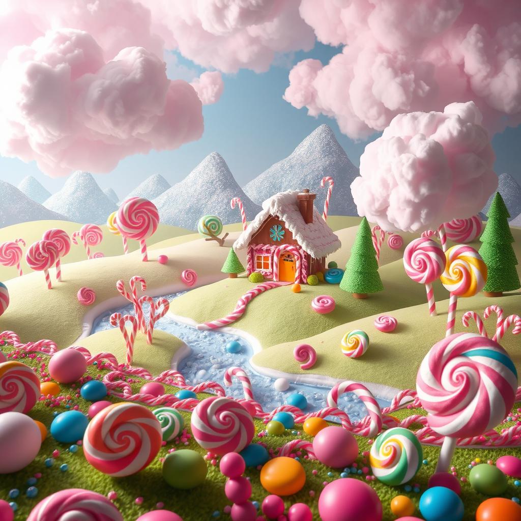 A dreamy and colorful candy land, bursting with oversized sweets and vibrant confections