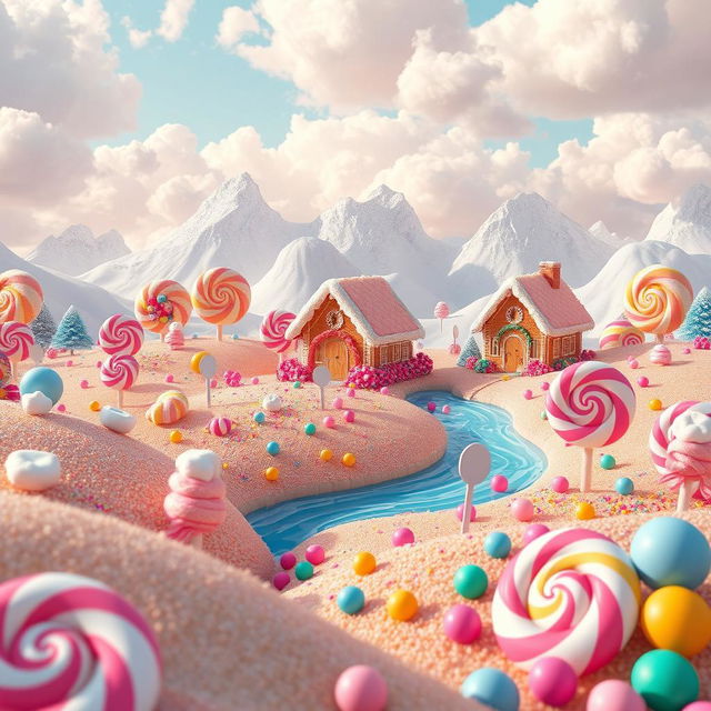 A dreamy and colorful candy land, bursting with oversized sweets and vibrant confections